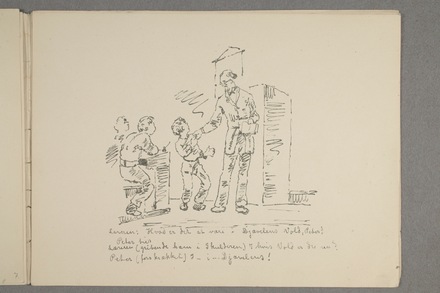 . ILL. 28. EDVARD MUNCH: PEN DRAWINGS 1882. COVER AND COMICAL DRAWING. The Teacher: What does it mean to be in the Power of the Devil, Peter? — Peter keeps silent — The Teacher (gripping his Shoulder) In whose Power are you now? — Peter (frightened) In – in ... the Devil’s!