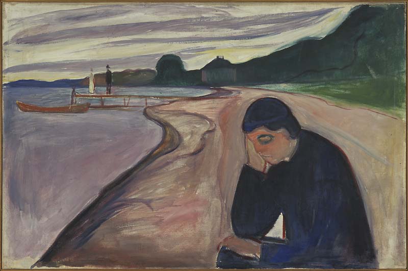 . Prospektkort med påskriften "Aasgaardstrand. Lindebergs Bad"(MM N 1116) og Maleriet Melankoli (M 33, 1893)
